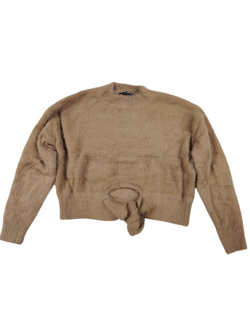 Fashion Nova Fuzzy Mock Neck Crop Sweater S Tan Tie Front Minimalist Going Out
